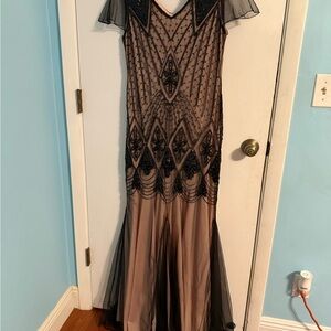 For Sale: Kayamiya Black Beaded Sequin 1920s Gatsby Flapper Gown – Size Large